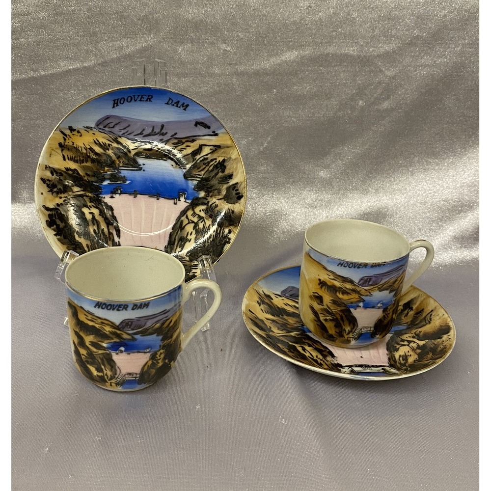 VNTG Hoover Dam Nevada Hand-painted Enco Souvenir Espresso Cup/Saucer 2 Set Used
